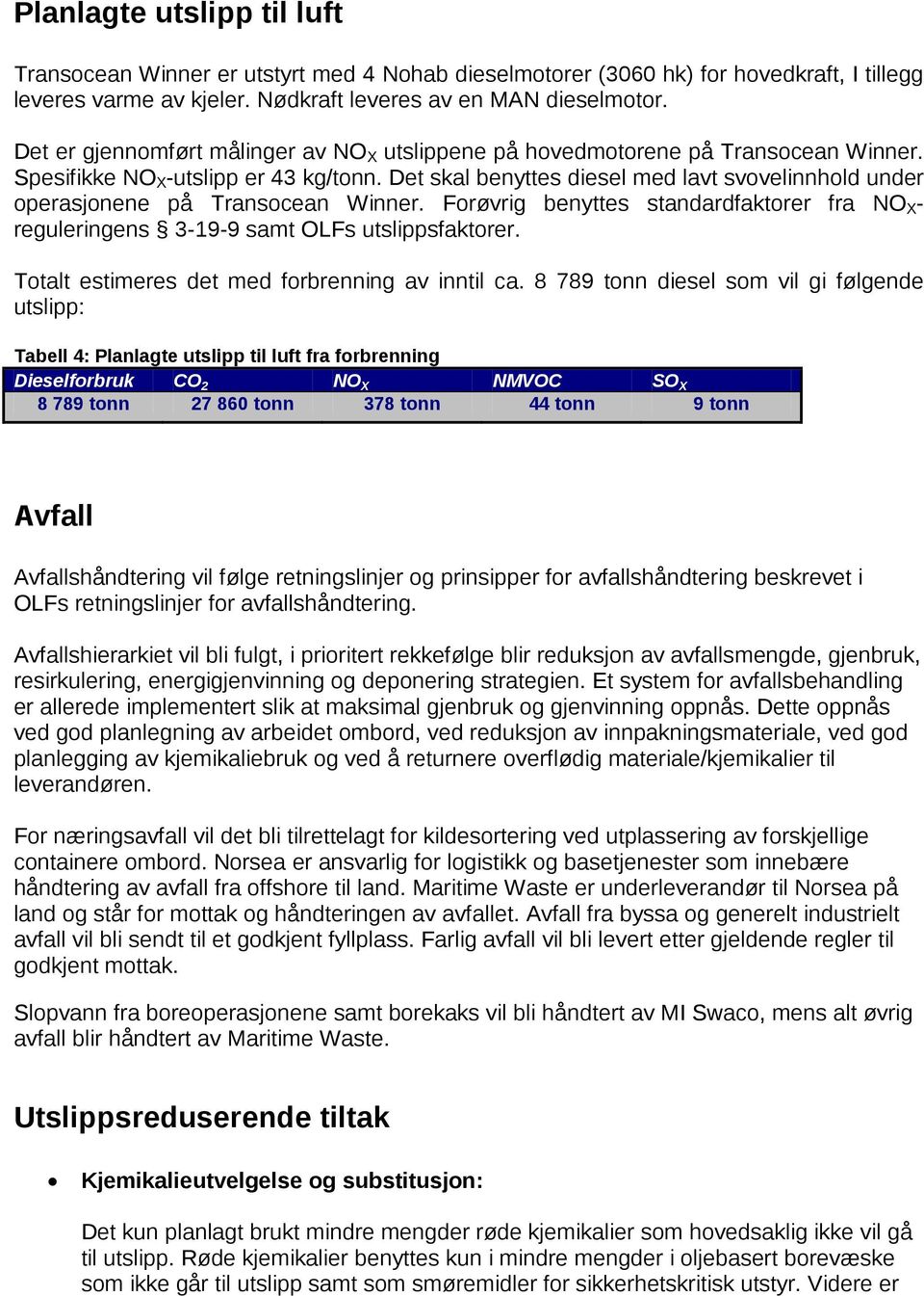 Det skal benyttes diesel med lavt svovelinnhold under operasjonene på Transocean Winner. Forøvrig benyttes standardfaktorer fra NO X - reguleringens 3-19-9 samt OLFs utslippsfaktorer.