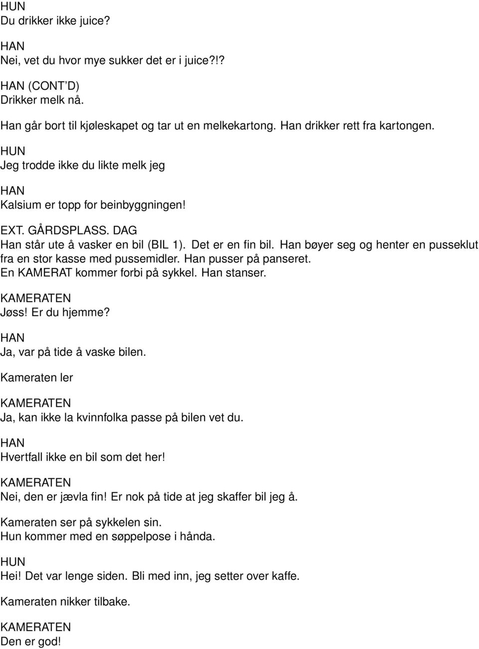 Han bøyer seg og henter en pusseklut fra en stor kasse med pussemidler. Han pusser på panseret. En KAMERAT kommer forbi på sykkel. Han stanser. Jøss! Er du hjemme? Ja, var på tide å vaske bilen.