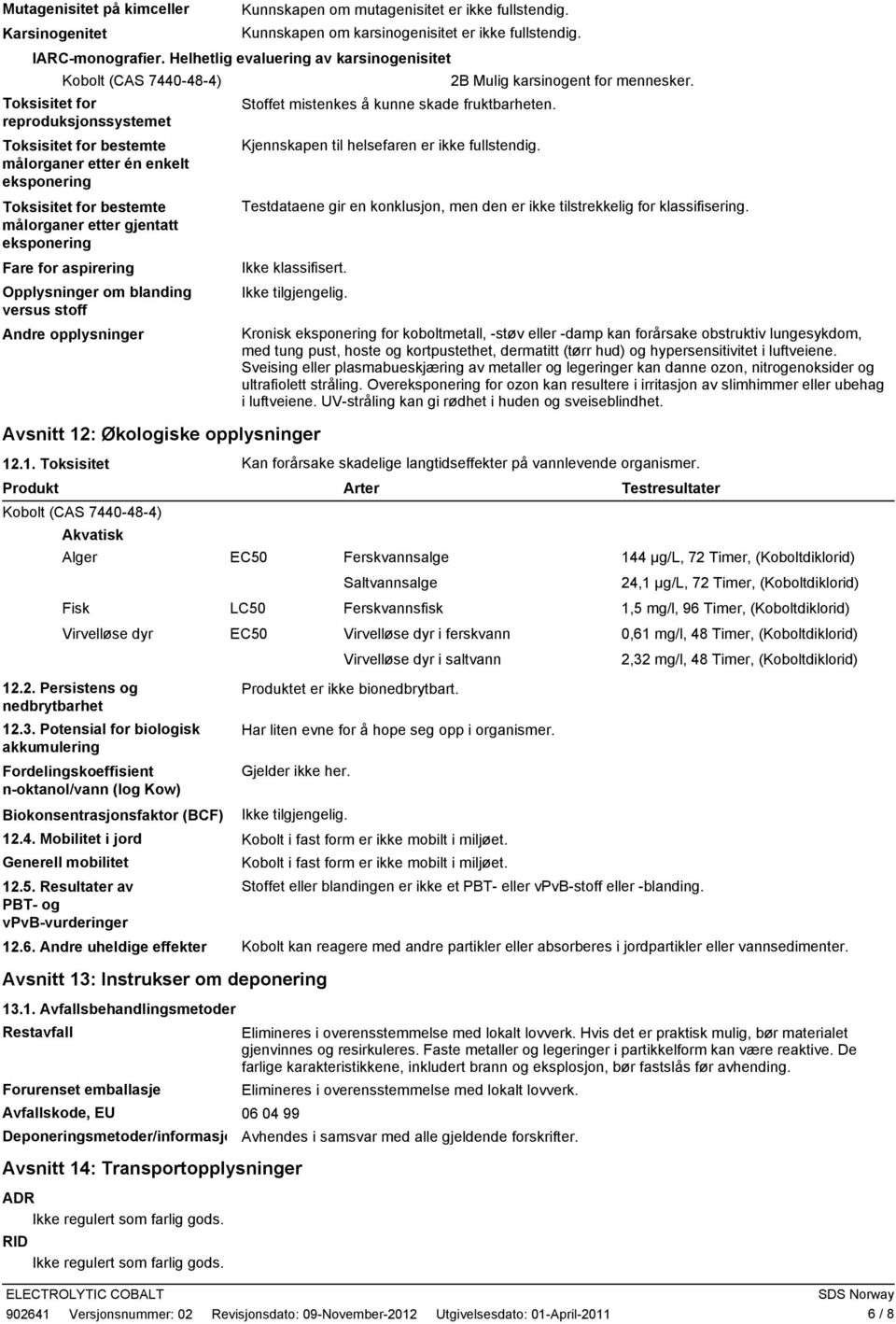 eksponering Fare for aspirering Opplysninger om blanding versus stoff Andre opplysninger Stoffet mistenkes å kunne skade fruktbarheten. Kjennskapen til helsefaren er ikke fullstendig.