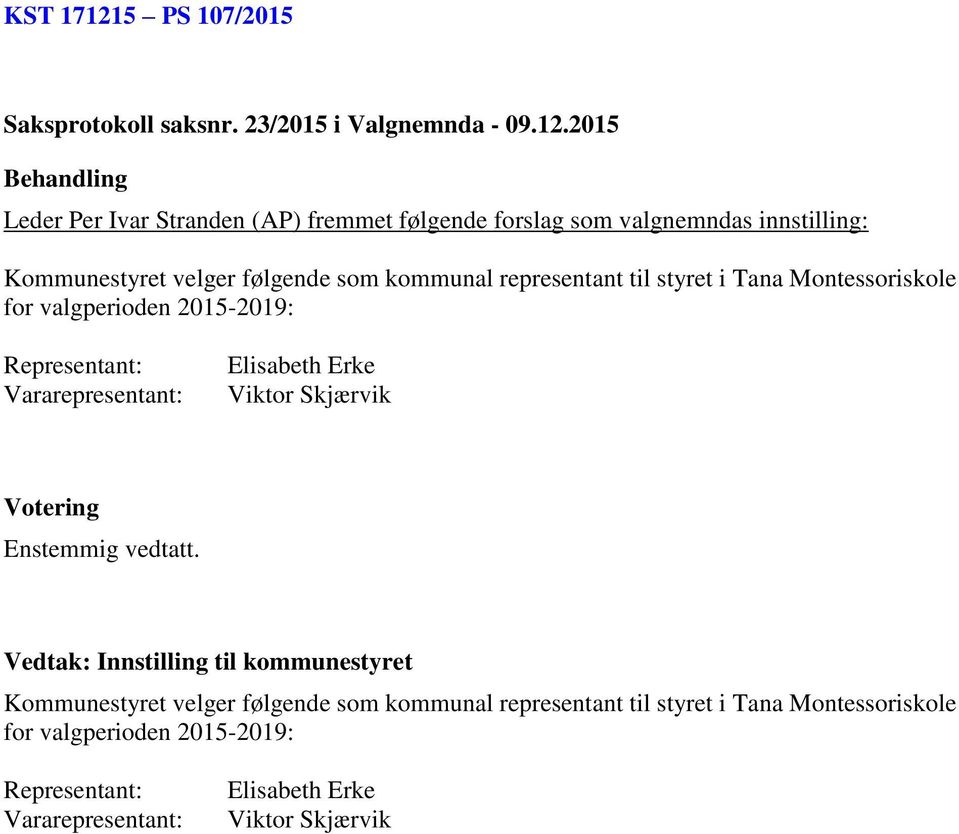 2015 Leder Per Ivar Stranden (AP) fremmet følgende forslag som valgnemndas innstilling: Kommunestyret velger følgende som kommunal