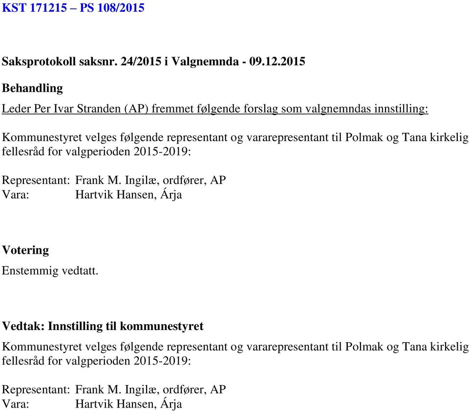 2015 Leder Per Ivar Stranden (AP) fremmet følgende forslag som valgnemndas innstilling: Kommunestyret velges følgende representant og