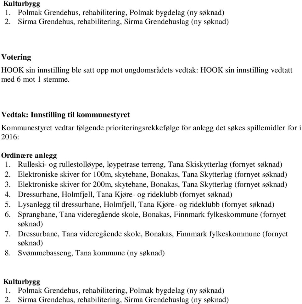 Kommunestyret vedtar følgende prioriteringsrekkefølge for anlegg det søkes spillemidler for i 2016: Ordinære anlegg 1.