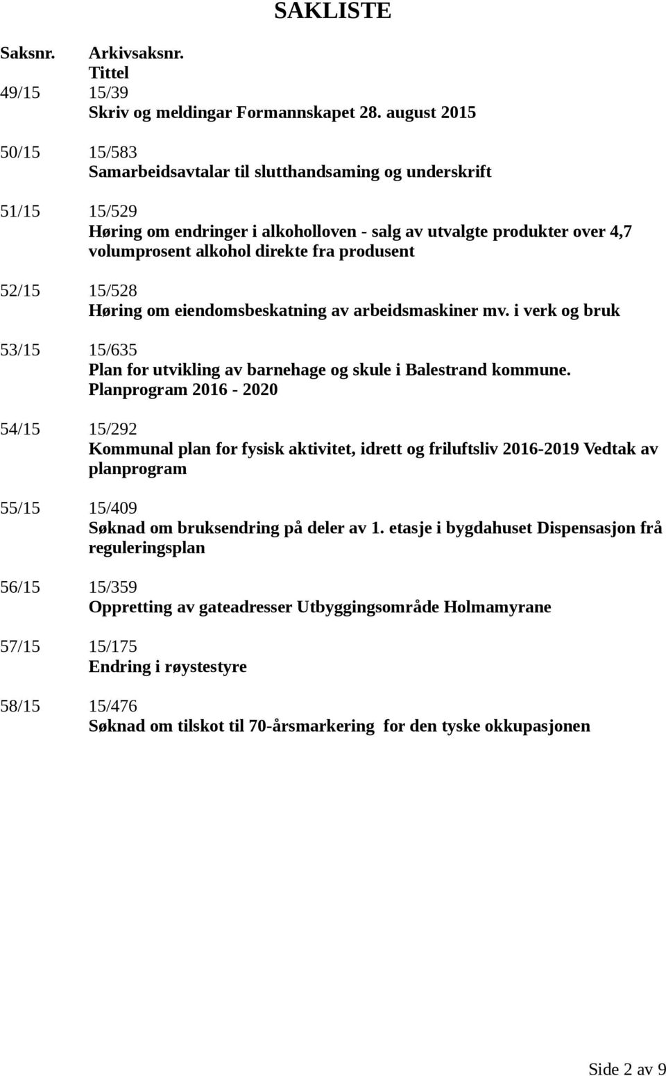 produsent 52/15 15/528 Høring om eiendomsbeskatning av arbeidsmaskiner mv. i verk og bruk 53/15 15/635 Plan for utvikling av barnehage og skule i Balestrand kommune.