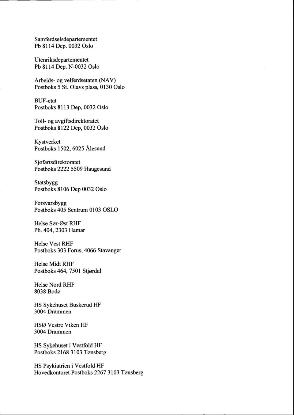 5509 Haugesund Statsbygg Postboks 8106 Dep 0032 Oslo Forsvarsbygg Postboks 405 Sentrum 0103 OSLO Helse Sør-Øst RHF Pb.