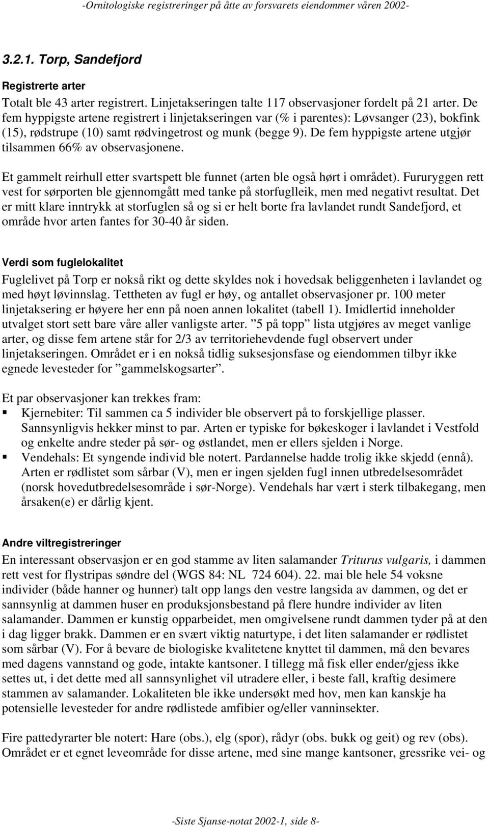 De fem hyppigste artene utgjør tilsammen 66% av observasjonene. Et gammelt reirhull etter svartspett ble funnet (arten ble også hørt i området).