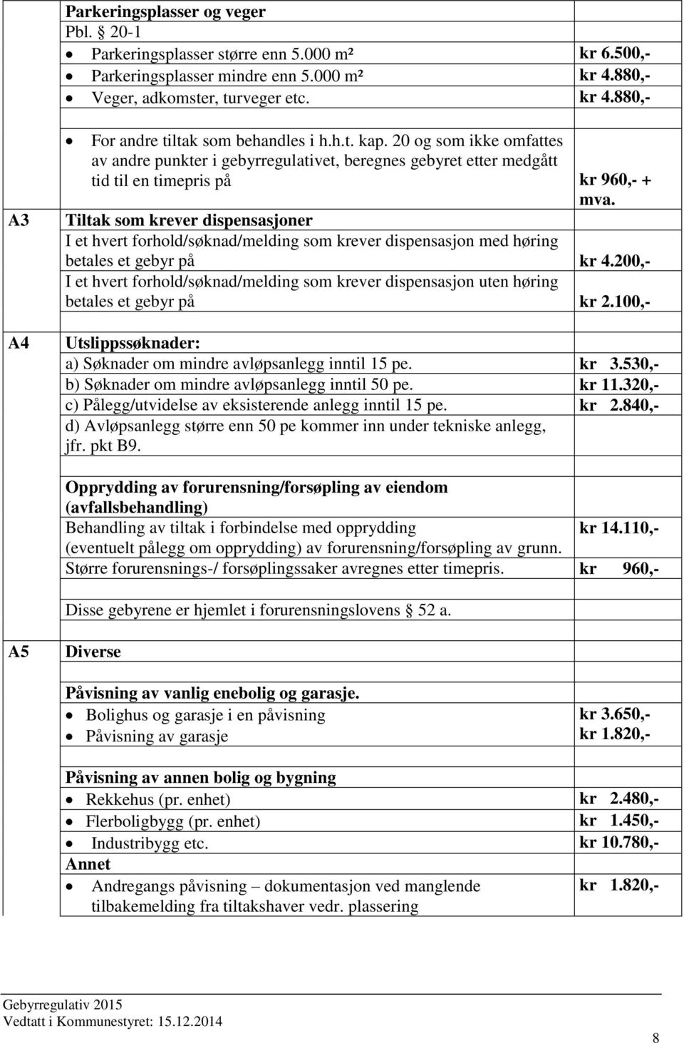 Tiltak som krever dispensasjoner I et hvert forhold/søknad/melding som krever dispensasjon med høring betales et gebyr på kr 4.