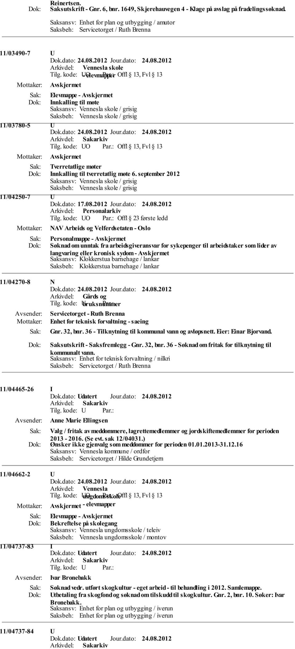 kode: UO Offl 13, Fvl 13 Avskjermet Tverretatlige møter Innkalling til tverretatlig møte 6. september 2012 Saksansv: Vennesla skole / grisig Saksbeh: Vennesla skole / grisig 11/04250-7 U Dok.dato: 17.