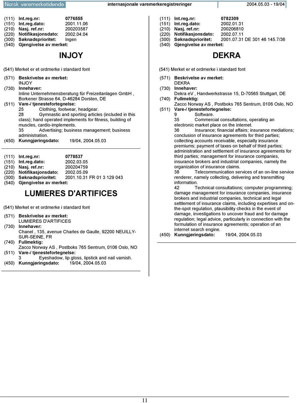 (111) Int.reg.nr: 0776555 (151) Int.reg.dato: 2001.11.06 (210) Nasj. ref.nr: 200203587 (220) Notifikasjonsdato: 2002.04.