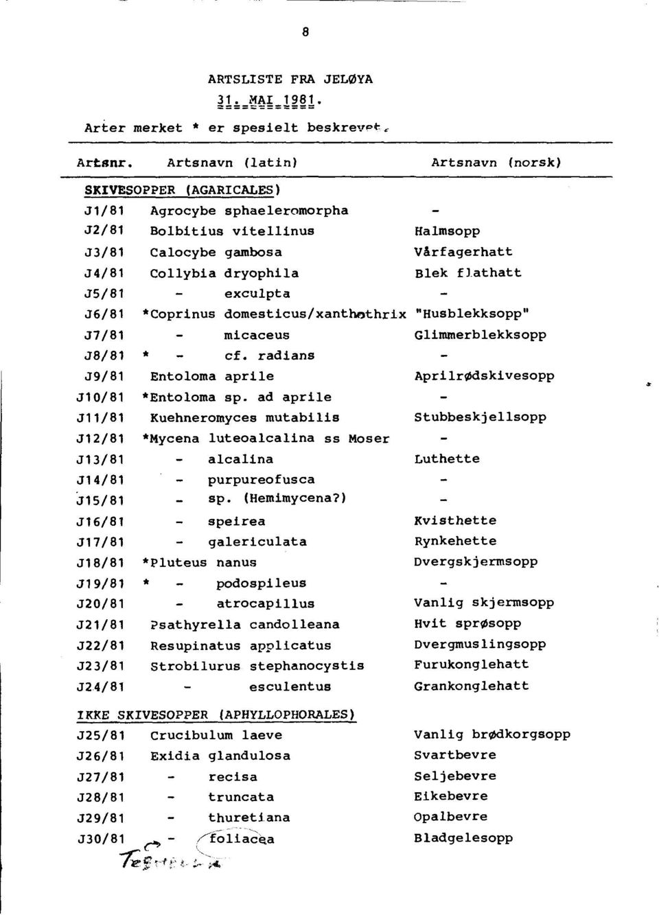 flathatt JS/81 exculpta J6/81 *Coprinus domesticus/xanthothrix "Husblekksopp" J7/81 micaceus Glimmerblekksopp J8/81 * cf. radians J9/81 Entoloma aprile Aprilr~dskivesopp J10/81 *Entoloma sp.