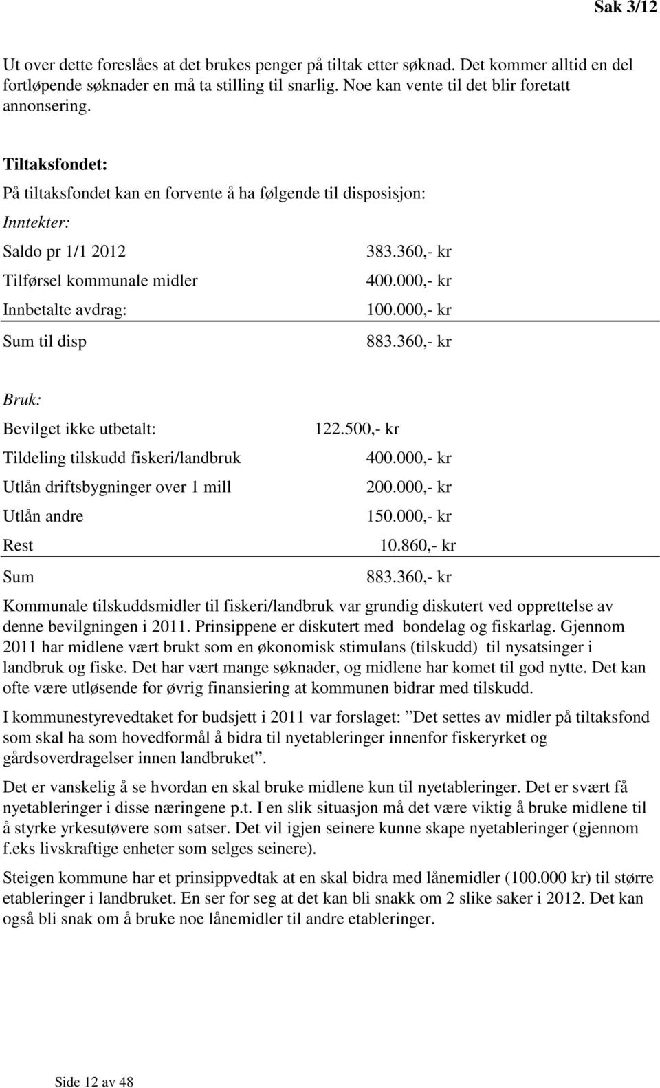 360,- kr Tilførsel kommunale midler 400.000,- kr Innbetalte avdrag: 100.000,- kr Sum til disp 883.