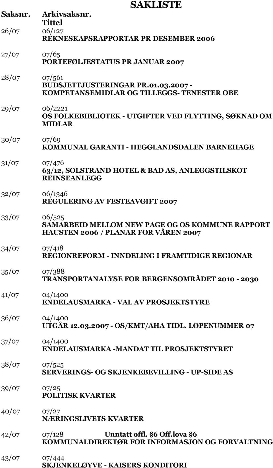 SOLSTRAND HOTEL & BAD AS, ANLEGGSTILSKOT REINSEANLEGG 32/07 06/1346 REGULERING AV FESTEAVGIFT 2007 33/07 06/525 SAMARBEID MELLOM NEW PAGE OG OS KOMMUNE RAPPORT HAUSTEN 2006 / PLANAR FOR VÅREN 2007