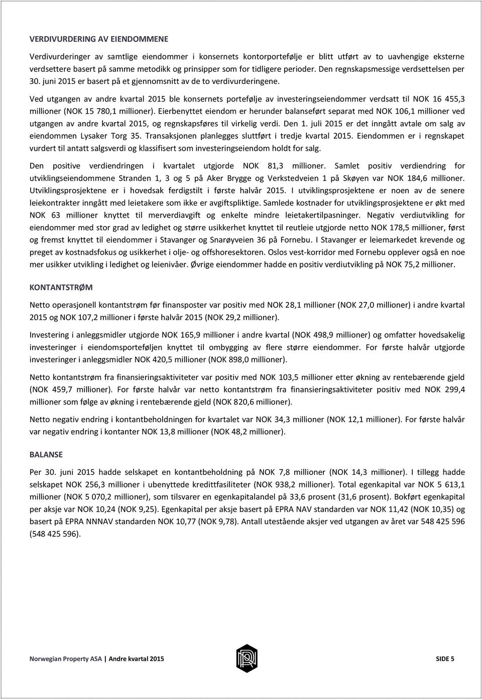 Ved utgangen av andre kvartal 2015 ble konsernets portefølje av investeringseiendommer verdsatt til NOK 16 455,3 millioner (NOK 15 780,1 millioner).