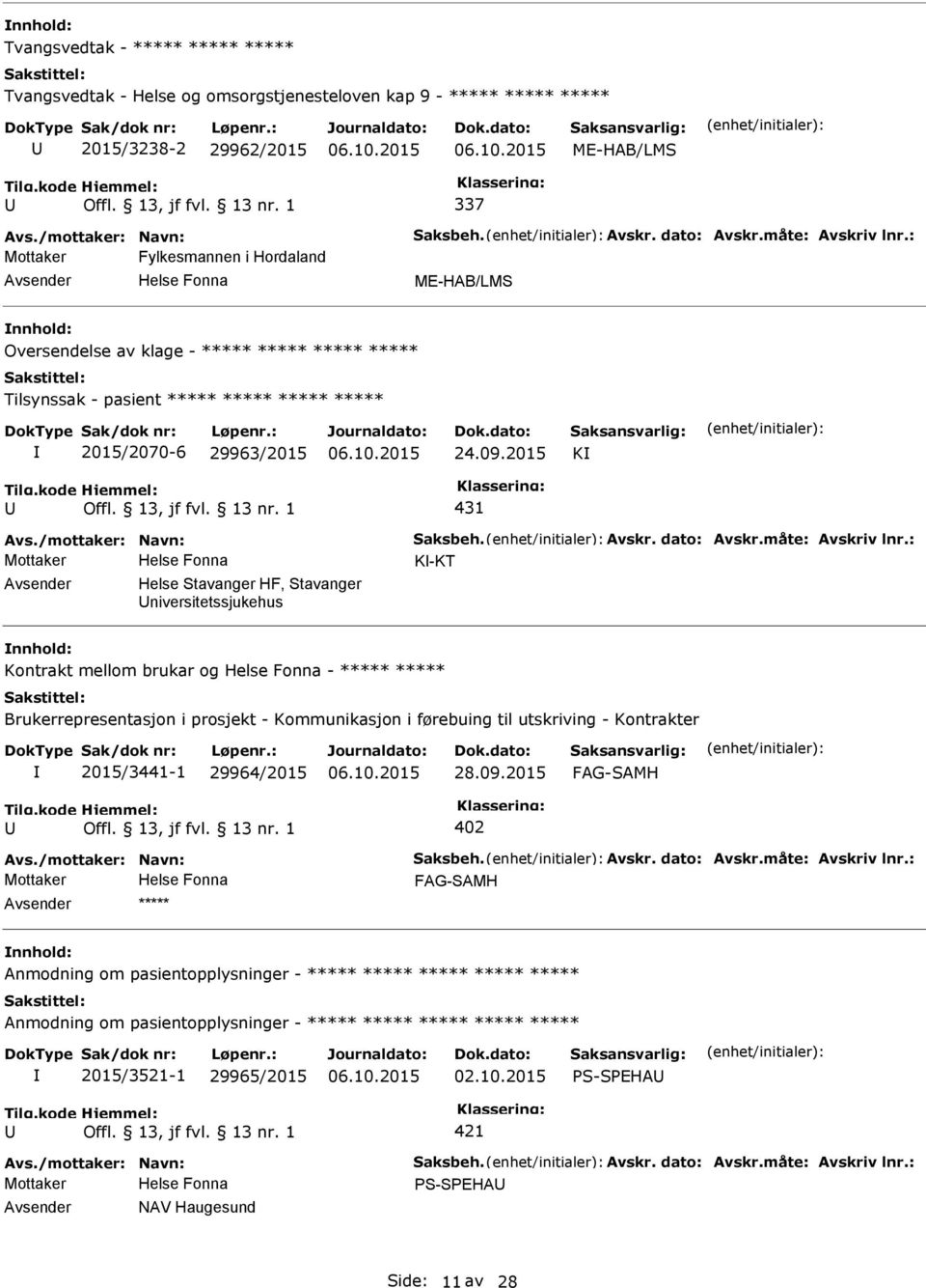 2015 K 431 Mottaker K-KT Helse Stavanger HF, Stavanger niversitetssjukehus Kontrakt mellom brukar og - ***** ***** Brukerrepresentasjon i prosjekt - Kommunikasjon i