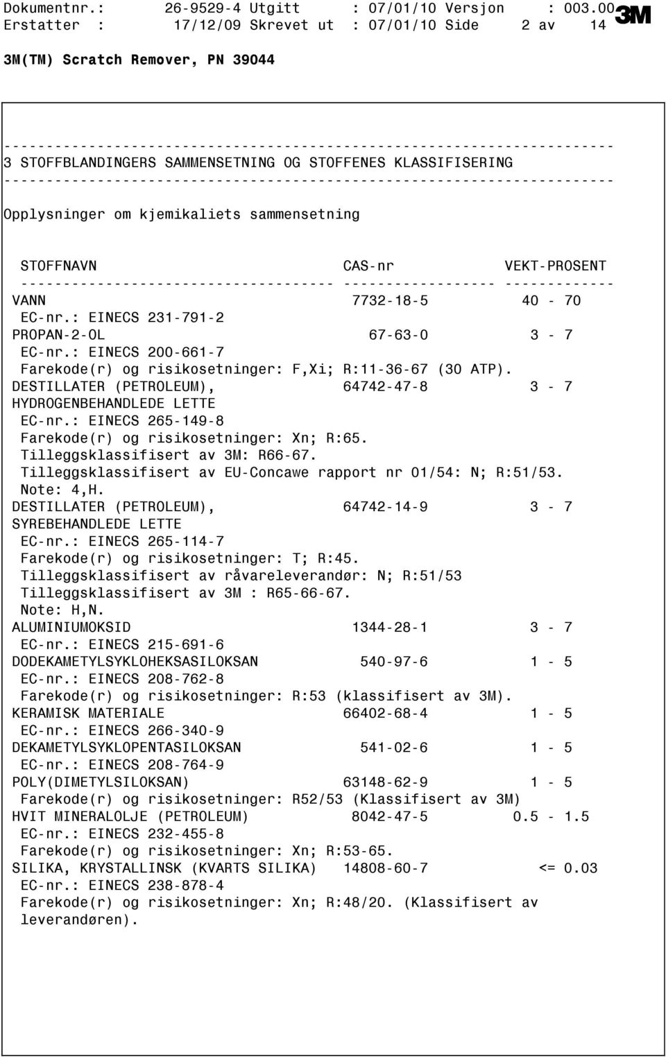 7732185 40 70 ECnr.: EINECS 2317912 PROPAN2OL 67630 3 7 ECnr.: EINECS 2006617 Farekode(r) og risikosetninger: F,Xi; R:113667 (30 ATP).