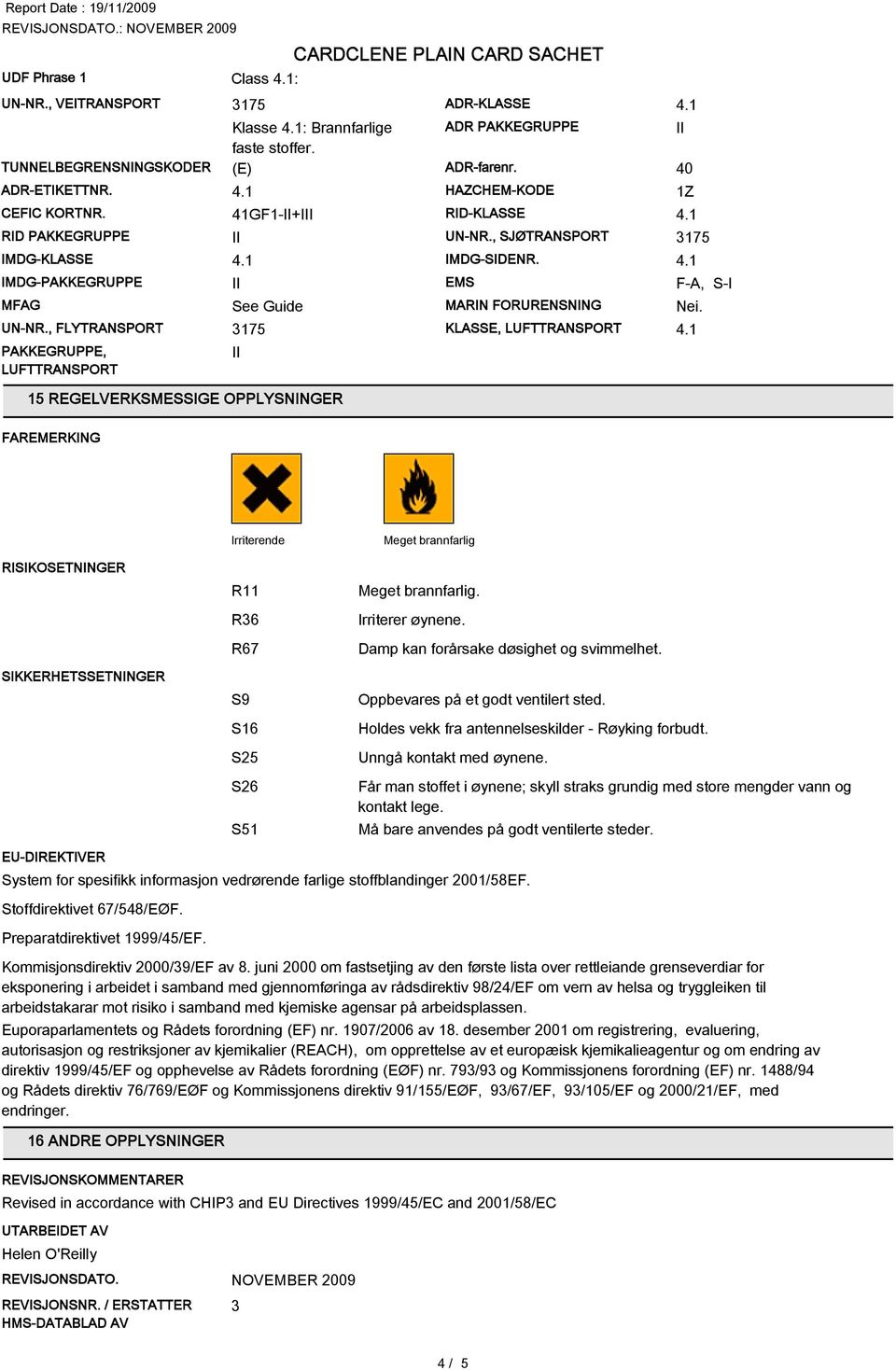 , FLYTRANSPORT 3175 KLASSE, LUFTTRANSPORT PAKKEGRUPPE, LUFTTRANSPORT 15 REGELVERKSMESSIGE OPPLYSNINGER II 1Z F-A, S-I Nei.