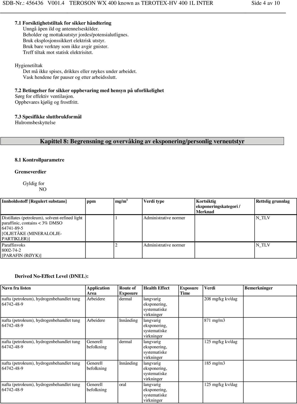 Hygienetiltak Det må ikke spises, drikkes eller røykes under arbeidet. Vask hendene før pauser og etter arbeidsslutt. 7.