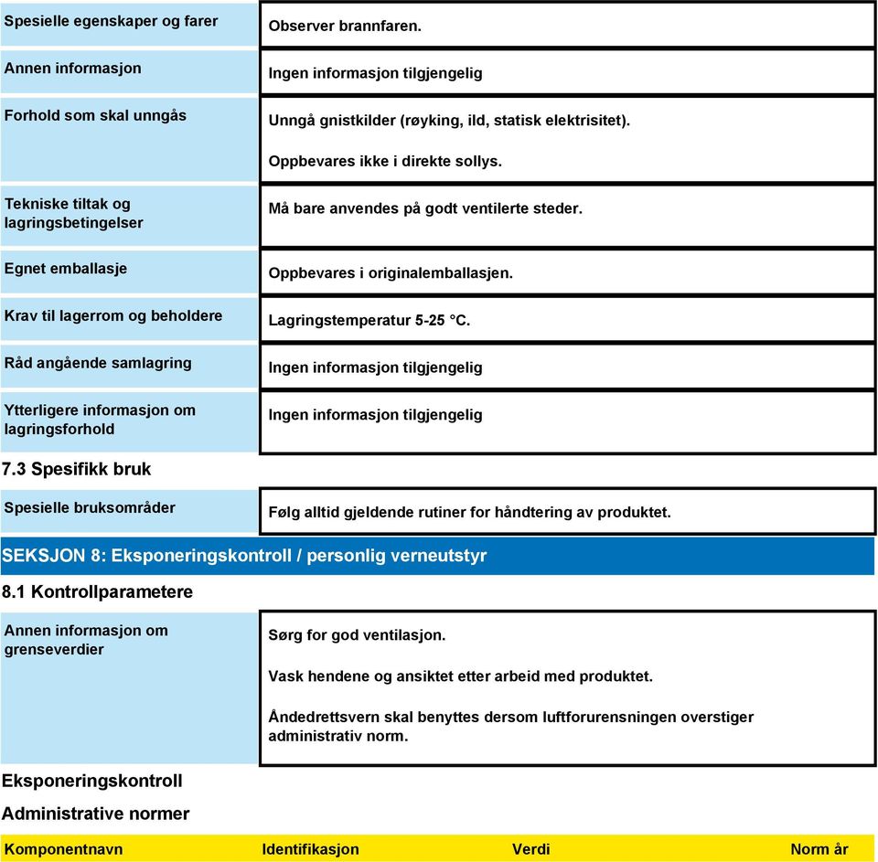 Egnet emballasje Krav til lagerrom og beholdere Råd angående samlagring Ytterligere informasjon om lagringsforhold Oppbevares i originalemballasjen. Lagringstemperatur 5-25 C. 7.