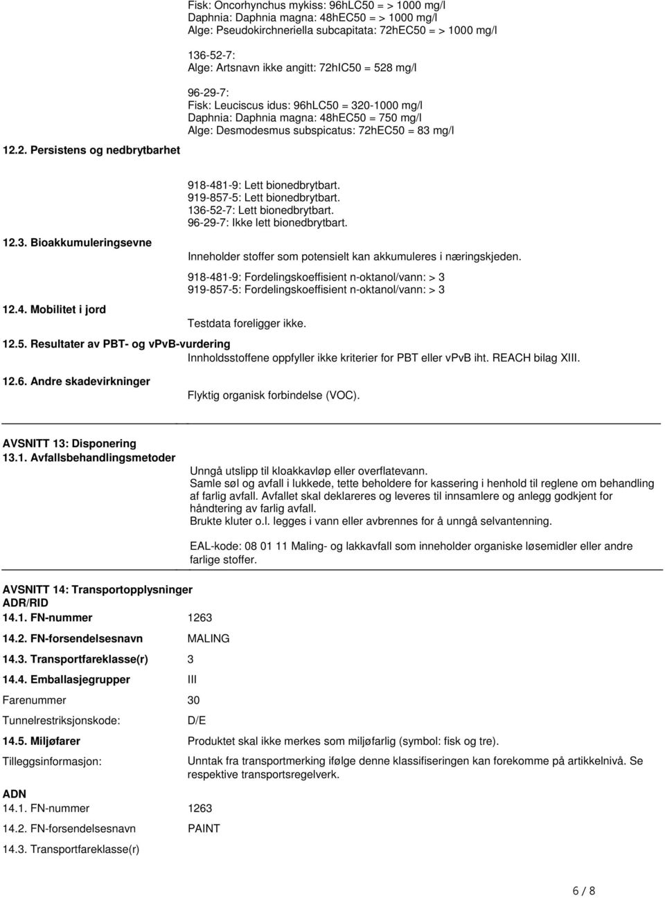 123 Bioakkumuleringsevne 124 Mobilitet i jord 918-481-9: Lett bionedbrytbart 919-857-5: Lett bionedbrytbart 136-52-7: Lett bionedbrytbart 96-29-7: Ikke lett bionedbrytbart Inneholder stoffer som