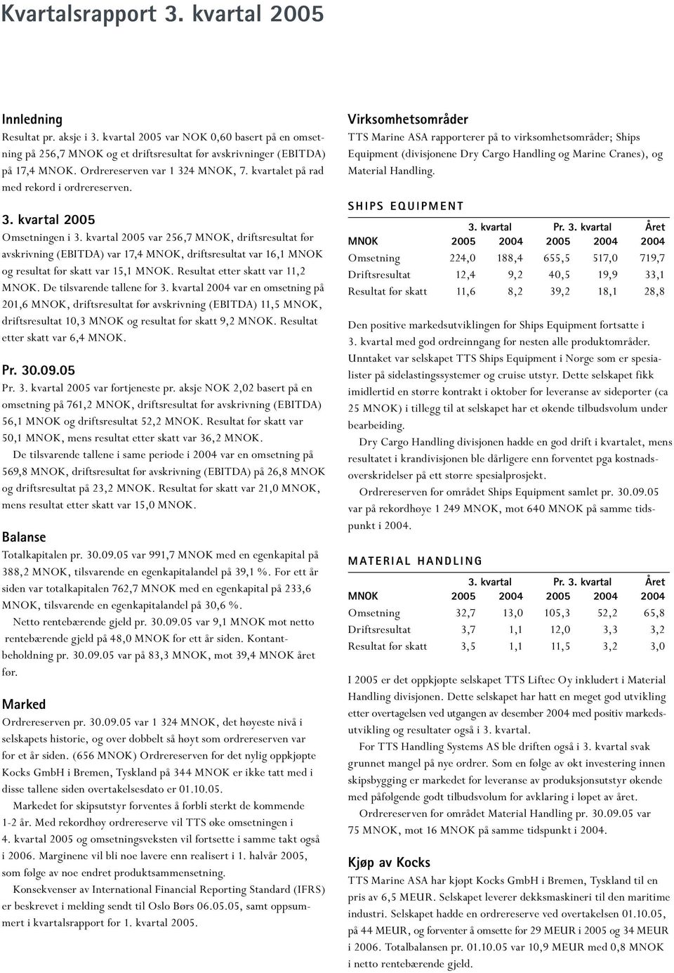 kvartal 2005 var 256,7 MNOK, driftsresultat før avskrivning (EBITDA) var 17,4 MNOK, driftsresultat var 16,1 MNOK og resultat før skatt var 15,1 MNOK. Resultat etter skatt var 11,2 MNOK.