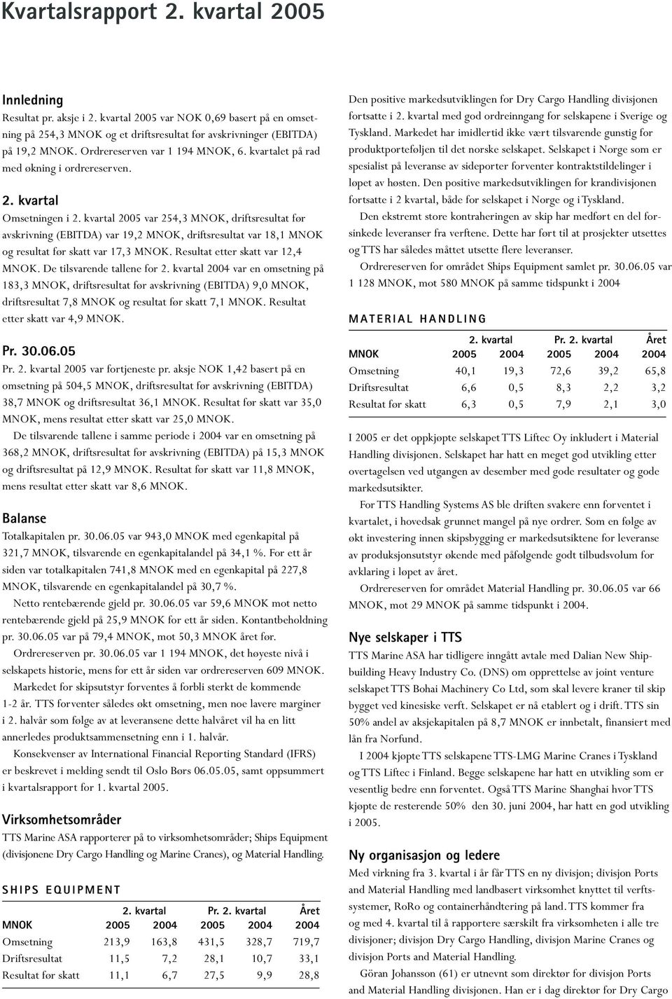 kvartal 2005 var 254,3 MNOK, driftsresultat før avskrivning (EBITDA) var 19,2 MNOK, driftsresultat var 18,1 MNOK og resultat før skatt var 17,3 MNOK. Resultat etter skatt var 12,4 MNOK.