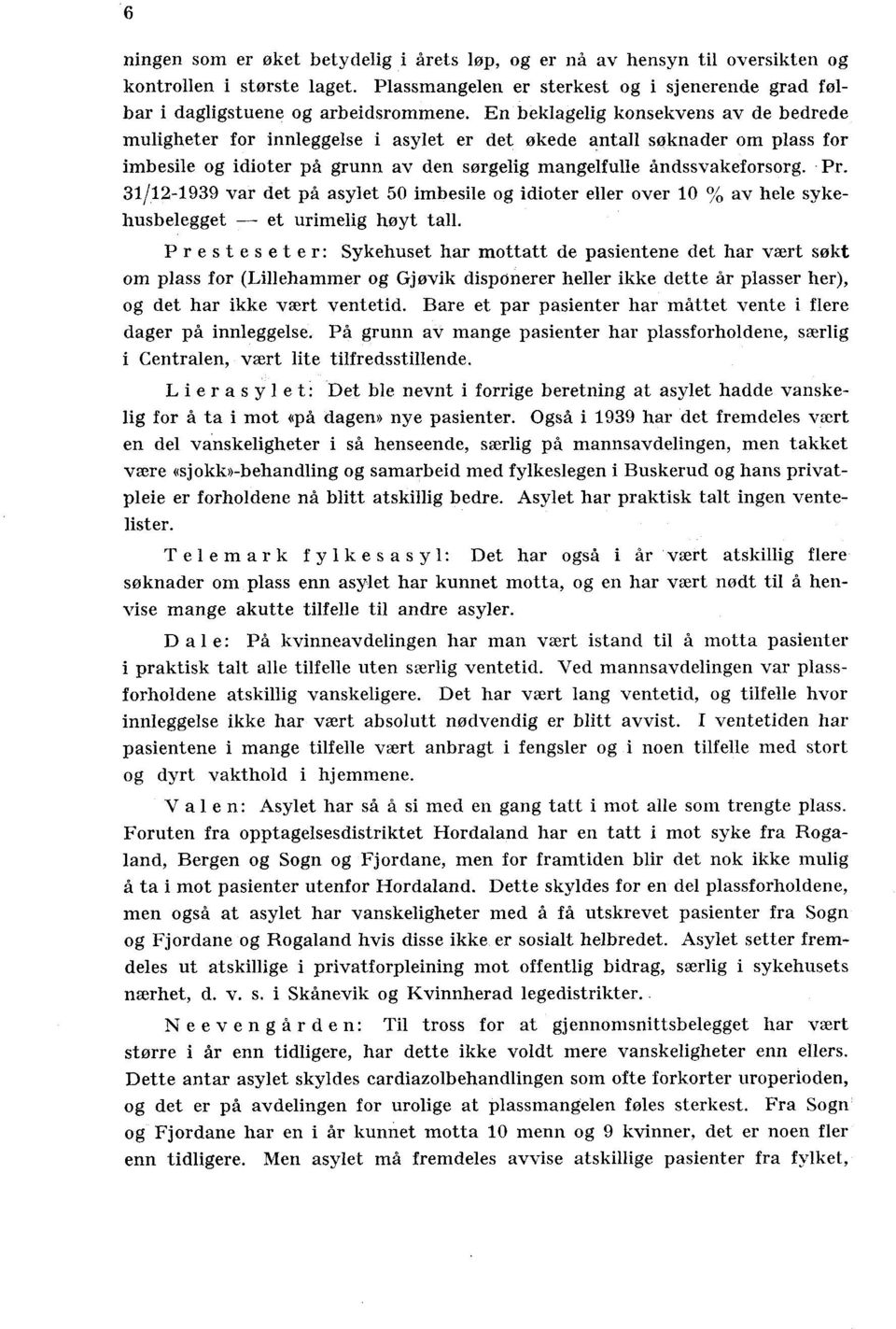 P 31/12-1939 var det på asylet 50 imbesile og idioter eller over 10 % av hele sykehusbelegget -- et urimelig høyt tall.