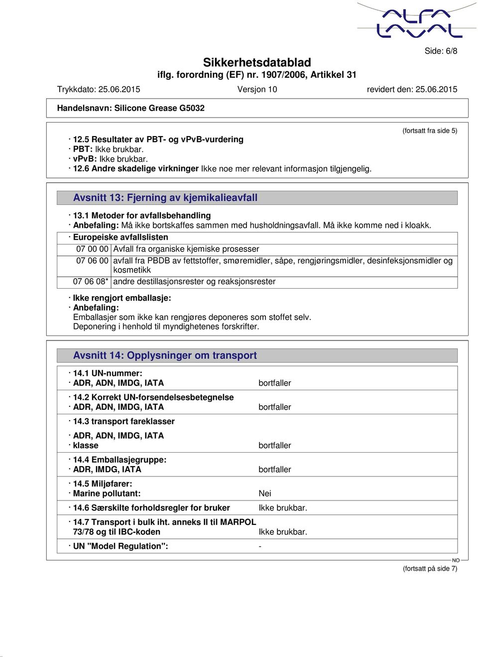 Europeiske avfallslisten 07 00 00 Avfall fra organiske kjemiske prosesser 07 06 00 avfall fra PBDB av fettstoffer, smøremidler, såpe, rengjøringsmidler, desinfeksjonsmidler og kosmetikk 07 06 08*