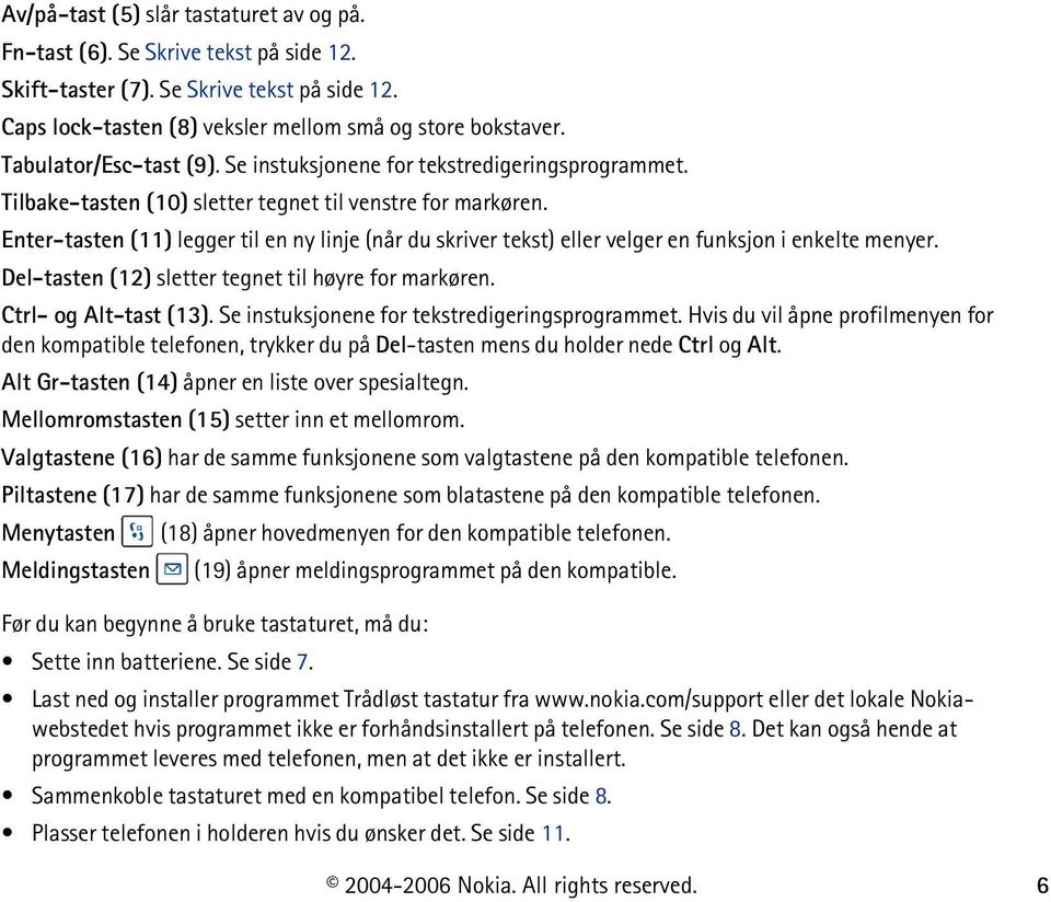 Enter-tasten (11) legger til en ny linje (når du skriver tekst) eller velger en funksjon i enkelte menyer. Del-tasten (12) sletter tegnet til høyre for markøren. Ctrl- og Alt-tast (13).