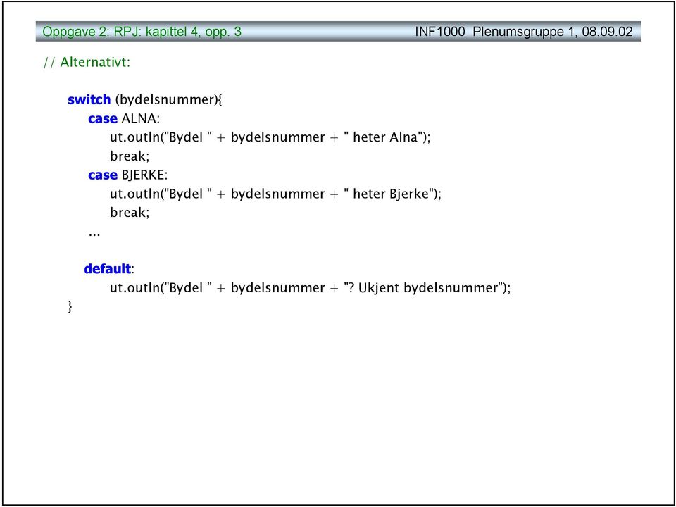 outln("bydel " + bydelsnummer + " heter Alna"); break; case BJERKE: ut.