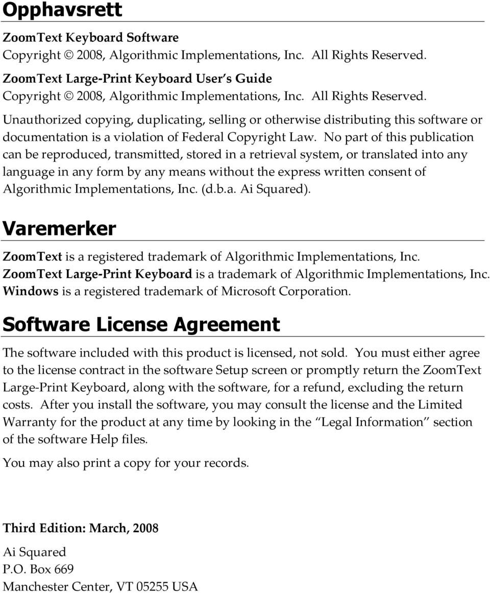 Unauthorized copying, duplicating, selling or otherwise distributing this software or documentation is a violation of Federal Copyright Law.