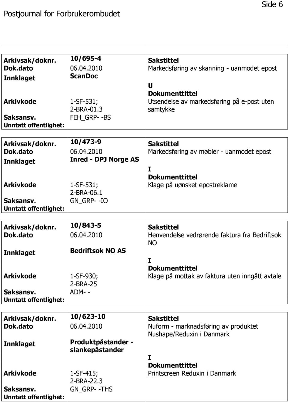 2010 Markedsføring av møbler - uanmodet epost nnklaget nred - DPJ Norge AS 1-SF-531; 2-BRA-06.1 Klage på uønsket epostreklame GN_GRP- -O Arkivsak/doknr. 10/843-5 Sakstittel Dok.dato 06.04.