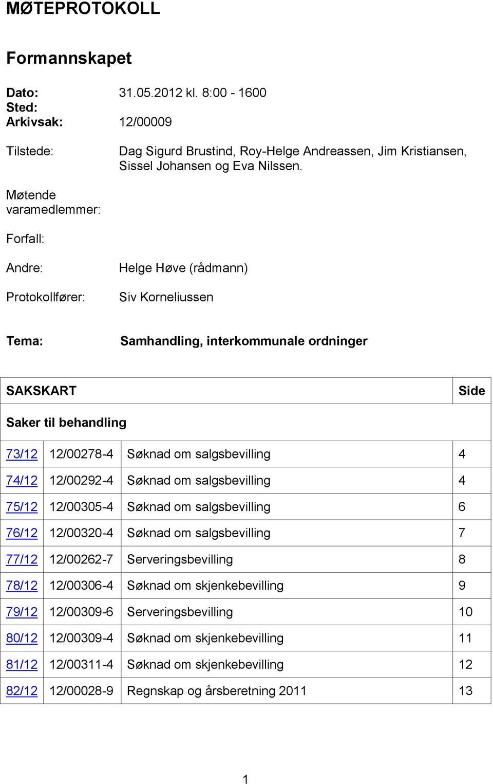 salgsbevilling 4 74/12 12/00292-4 Søknad om salgsbevilling 4 75/12 12/00305-4 Søknad om salgsbevilling 6 76/12 12/00320-4 Søknad om salgsbevilling 7 77/12 12/00262-7 Serveringsbevilling 8 78/12