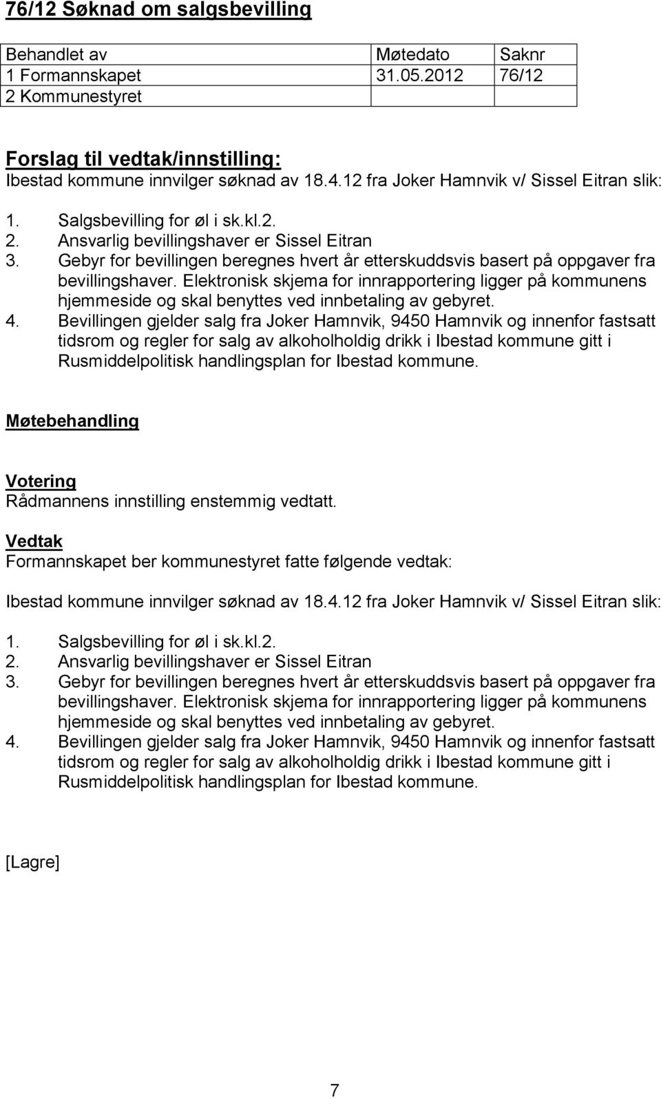 Bevillingen gjelder salg fra Joker Hamnvik, 9450 Hamnvik og innenfor fastsatt tidsrom og regler for salg av alkoholholdig drikk i Ibestad kommune gitt i Rusmiddelpolitisk handlingsplan for Ibestad