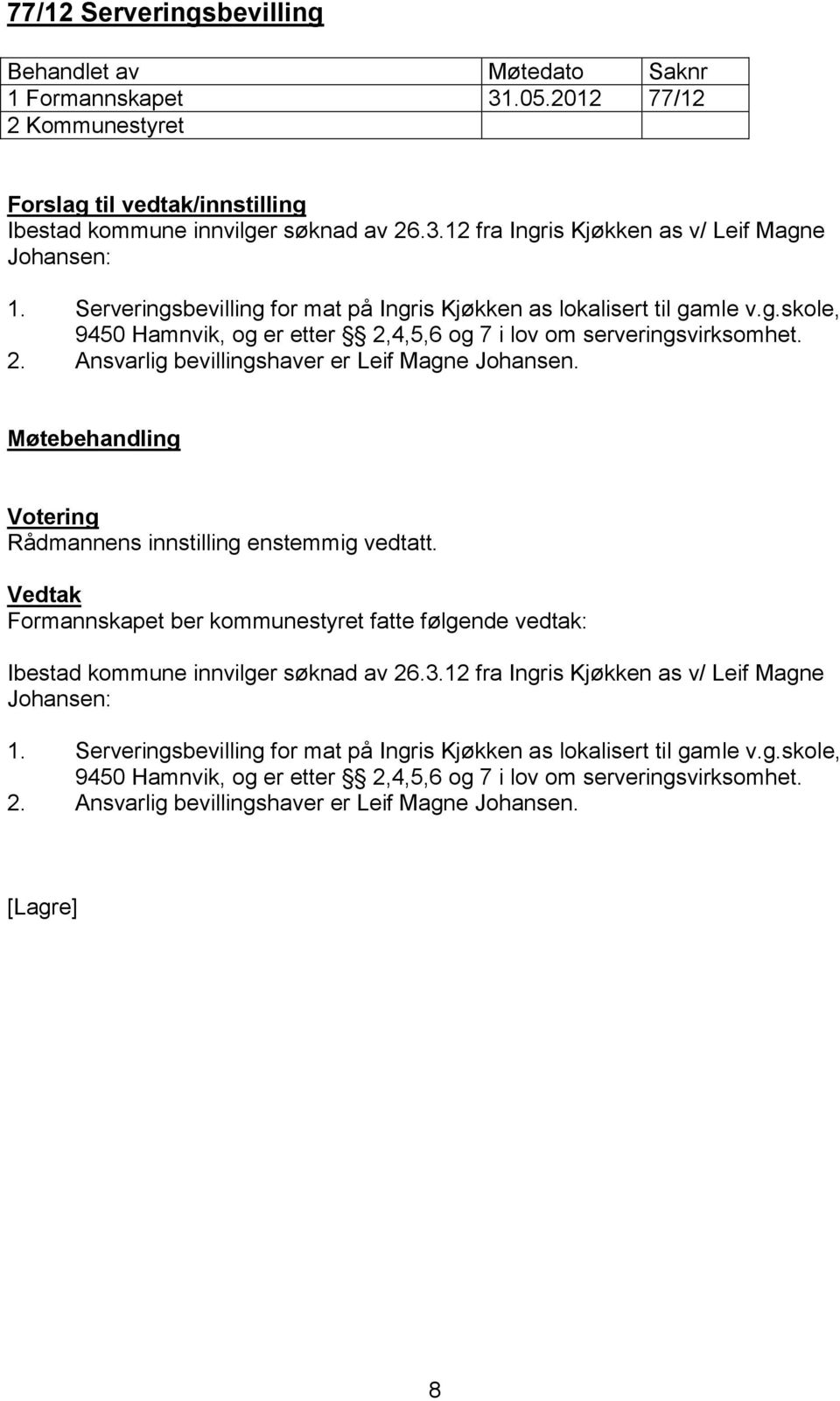 Rådmannens innstilling enstemmig vedtatt. Ibestad kommune innvilger søknad av 26.3.12 fra Ingris Kjøkken as v/ Leif Magne Johansen: 1.  8