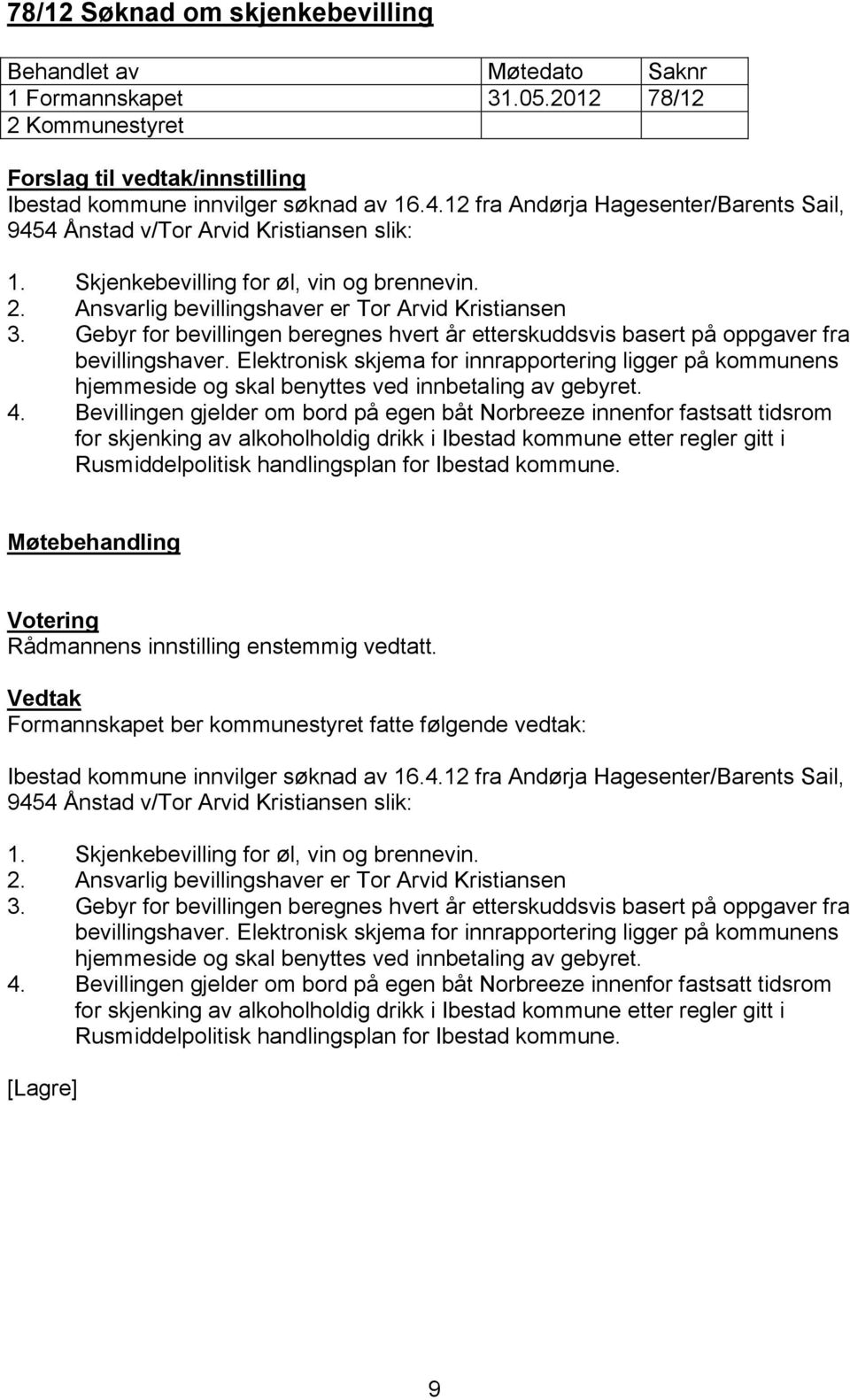 Bevillingen gjelder om bord på egen båt Norbreeze innenfor fastsatt tidsrom for skjenking av alkoholholdig drikk i Ibestad kommune etter regler gitt i Rusmiddelpolitisk handlingsplan for Ibestad