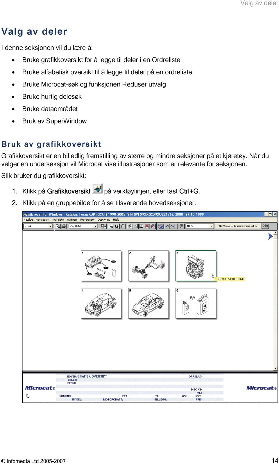 billedlig fremstilling av større og mindre seksjoner på et kjøretøy. Når du velger en underseksjon vil Microcat vise illustrasjoner som er relevante for seksjonen.