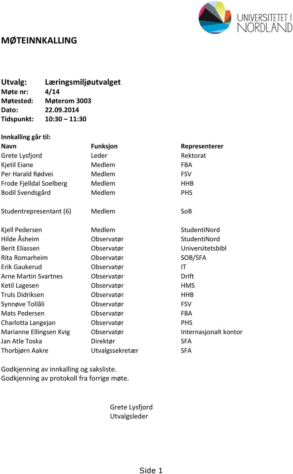 Svendsgård Medlem PHS Studentrepresentant (6) Medlem SoB Kjell Pedersen Medlem StudentiNord Hilde Åsheim Observatør StudentiNord Berit Eliassen Observatør Universitetsbibl Rita Romarheim Observatør