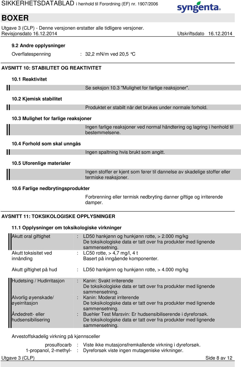 5 Uforenlige materialer Ingen spaltning hvis brukt som angitt. Ingen stoffer er kjent som fører til dannelse av skadelige stoffer eller termiske reaksjoner. 10.