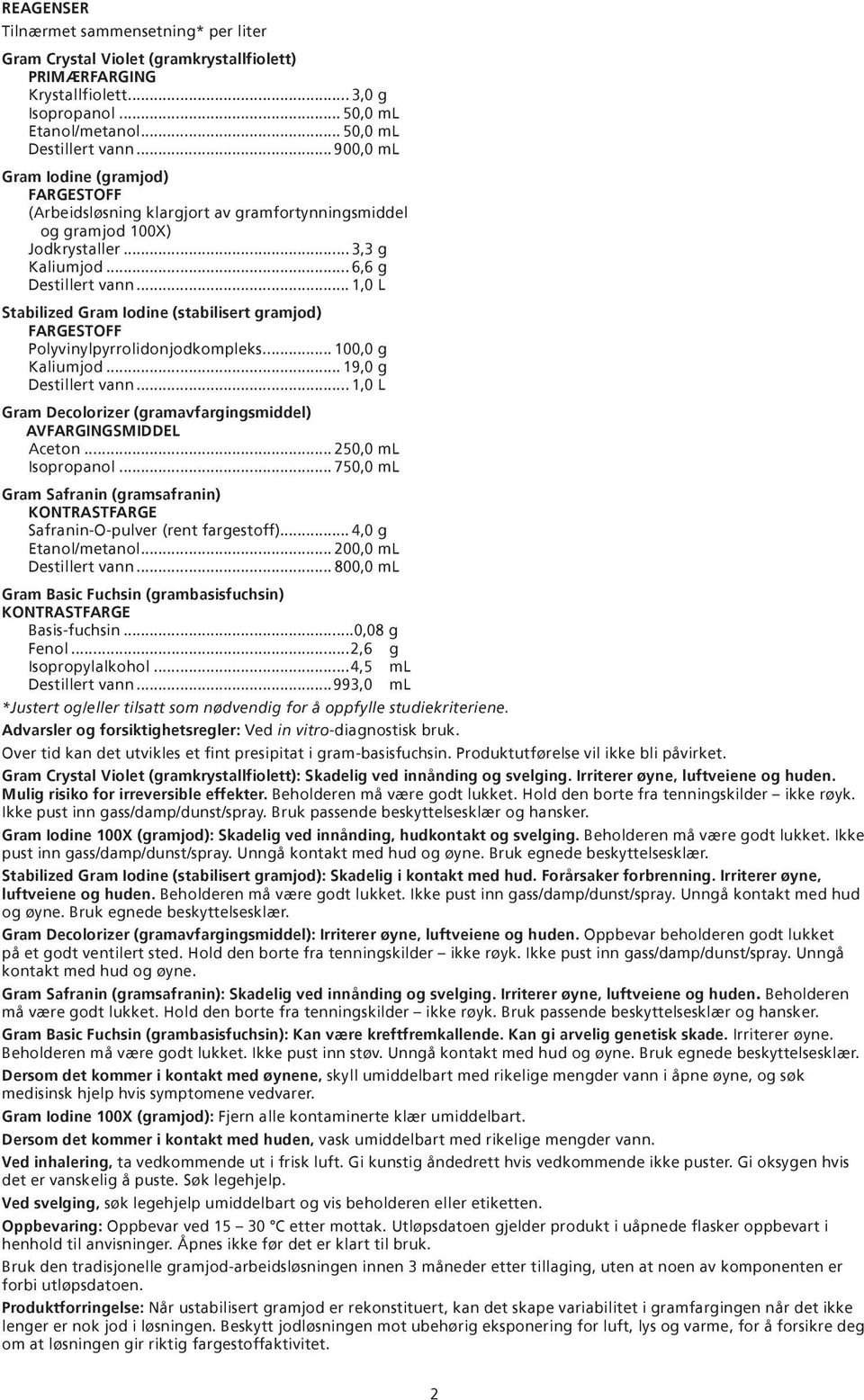 .. 1,0 L Stabilized Gram Iodine (stabilisert gramjod) FARGESTOFF Polyvinylpyrrolidonjodkompleks... 100,0 g Kaliumjod... 19,0 g Destillert vann.