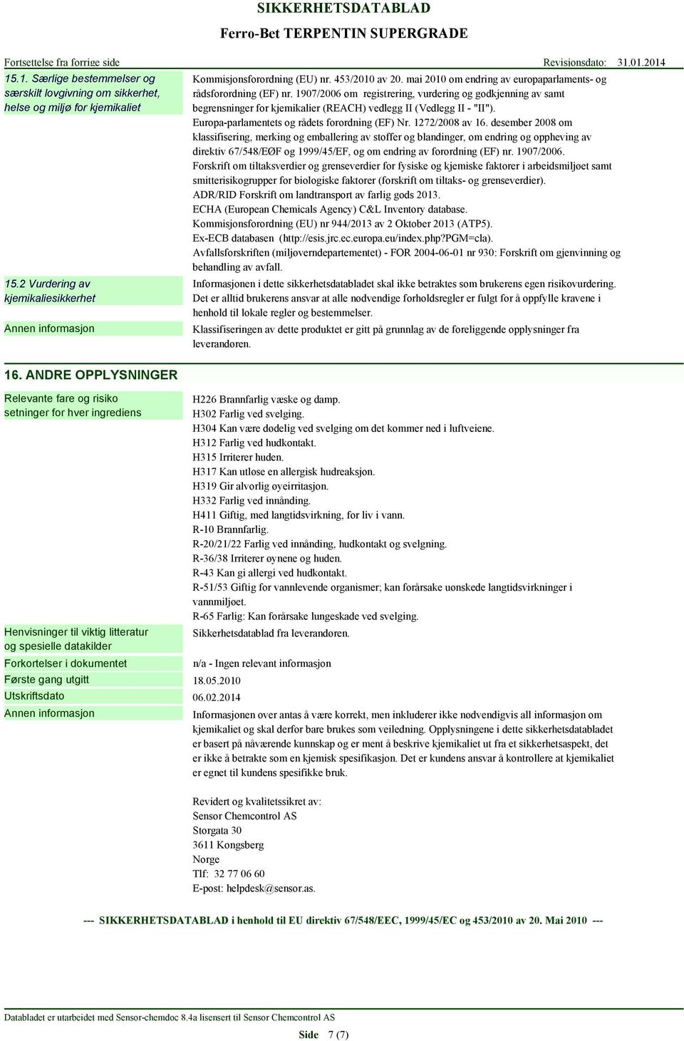 Europa-parlamentets og rådets forordning (EF) Nr. 1272/2008 av 16.