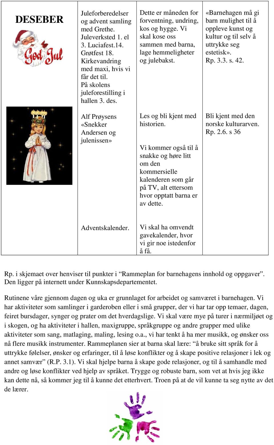 «Barnehagen må gi barn mulighet til å oppleve kunst og kultur og til selv å uttrykke seg estetisk». Rp. 3.3. s. 42. Alf Prøysens «Snekker Andersen og julenissen» Les og bli kjent med historien.