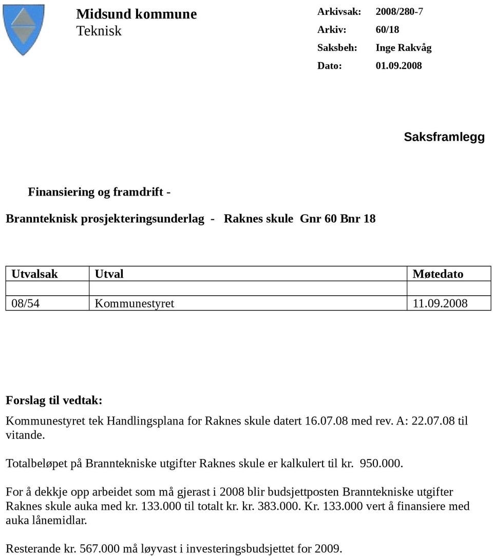 2008 Forslag til vedtak: Kommunestyret tek Handlingsplana for Raknes skule datert 16.07.08 med rev. A: 22.07.08 til vitande.