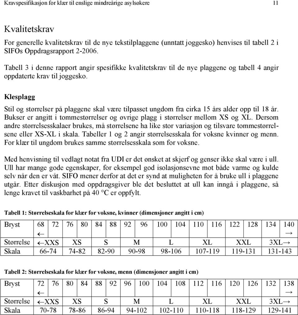 Klesplagg Stil og størrelser på plaggene skal være tilpasset ungdom fra cirka 15 års alder opp til 18 år. Bukser er angitt i tommestørrelser og øvrige plagg i størrelser mellom XS og XL.