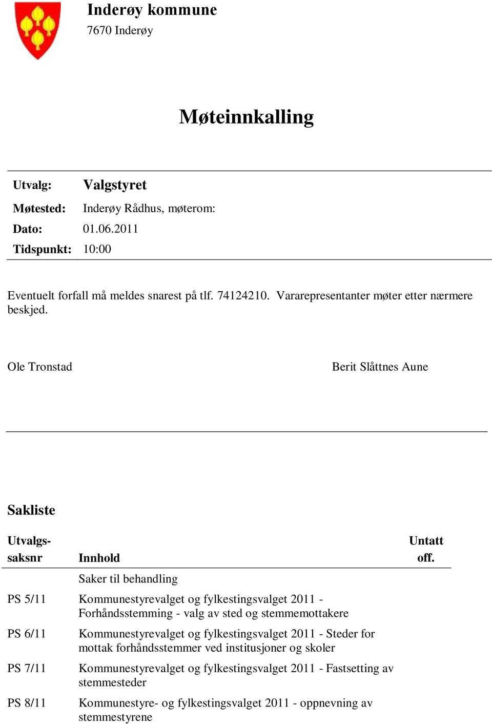 Ole Tronstad Berit Slåttnes Aune Sakliste Utvalgssaksnr Innhold Saker til behandling PS 5/11 Kommunestyrevalget og fylkestingsvalget 2011 - Forhåndsstemming - valg av sted og