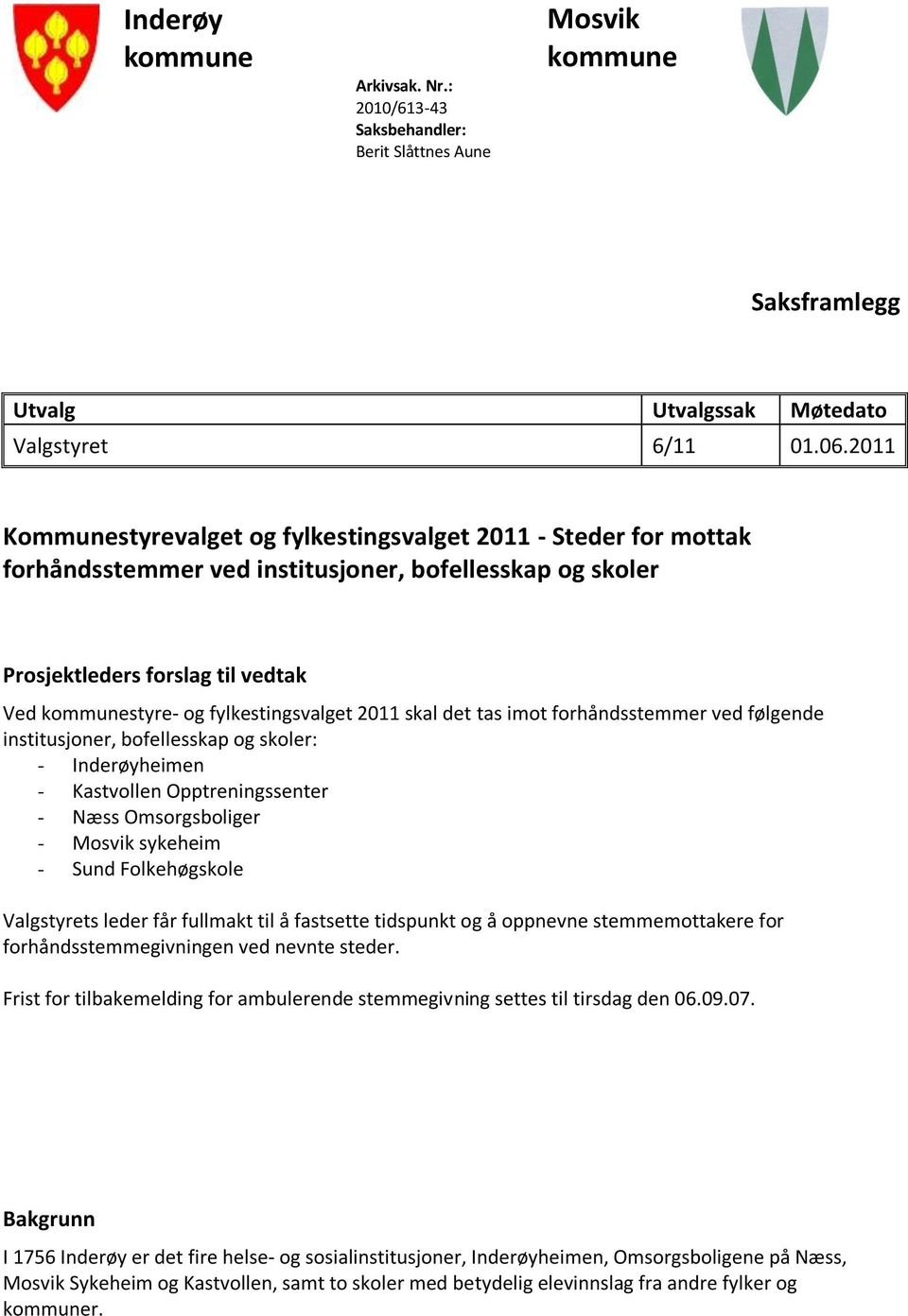 skal det tas imot forhåndsstemmer ved følgende institusjoner, bofellesskap og skoler: - Inderøyheimen - Kastvollen Opptreningssenter - Næss Omsorgsboliger - Mosvik sykeheim - Sund Folkehøgskole