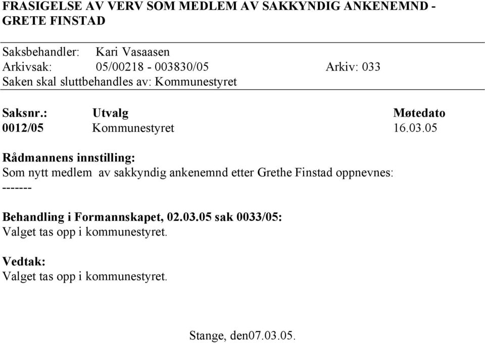 : Utvalg Møtedato 0012/05 Kommunestyret 16.03.