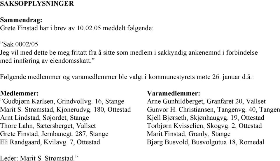 Følgende medlemmer og varamedlemmer ble valgt i kommunestyrets møte 26. januar d.å.: Medlemmer: Gudbjørn Karlsen, Grindvollvg. 16, Stange Marit S. Strømstad, Kjonerudvg.