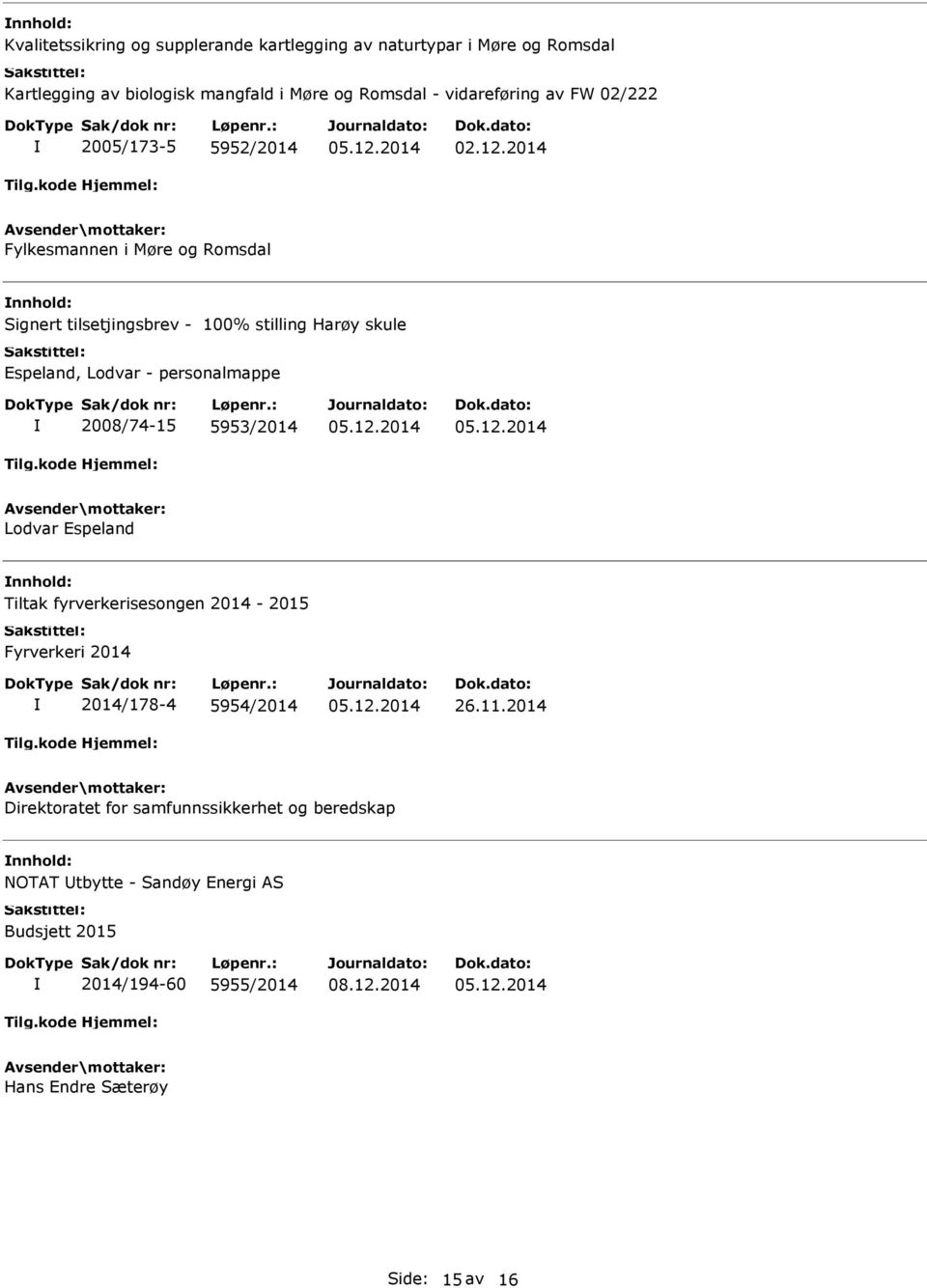 Lodvar - personalmappe 2008/74-15 5953/2014 Lodvar Espeland Tiltak fyrverkerisesongen 2014-2015 Fyrverkeri 2014 2014/178-4 5954/2014 26.11.