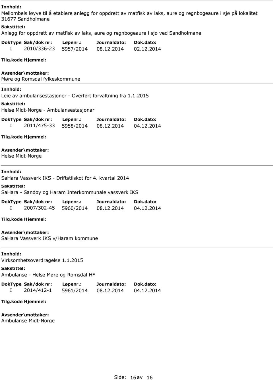 kvartal 2014 SaHara - Sandøy og Haram nterkommunale vassverk KS 2007/302-45 5960/2014 SaHara Vassverk KS v/haram kommune Virksomhetsoverdragelse 1.1.2015 Ambulanse - Helse Møre og Romsdal HF 2014/412-1 5961/2014 Ambulanse Midt-Norge Side: 16 av 16