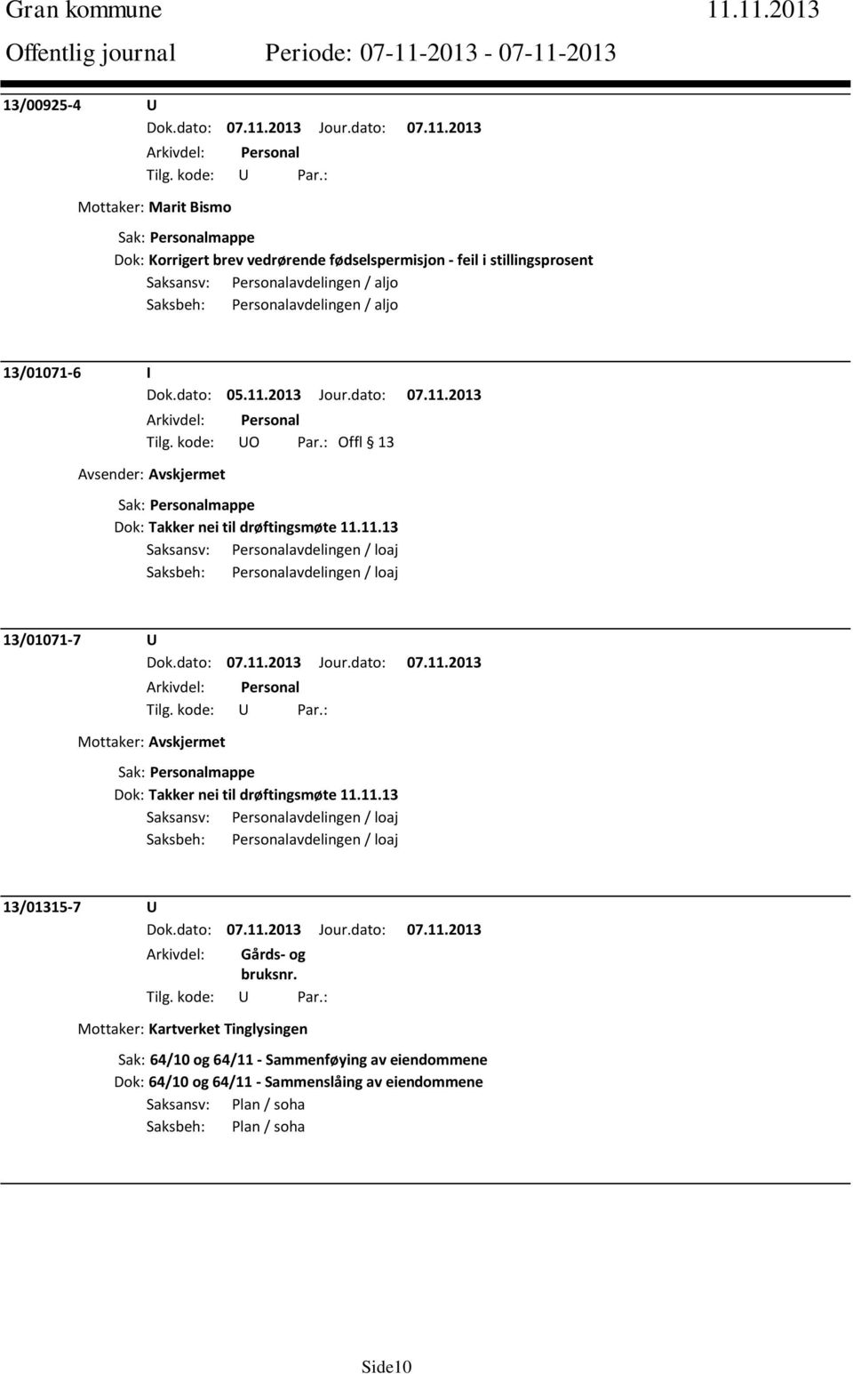 Personalavdelingen / aljo 13/01071-6 I Dok.dato: 05.11.2013 Jour.dato: 07.11.2013 Arkivdel: Personal Tilg. kode: UO Par.