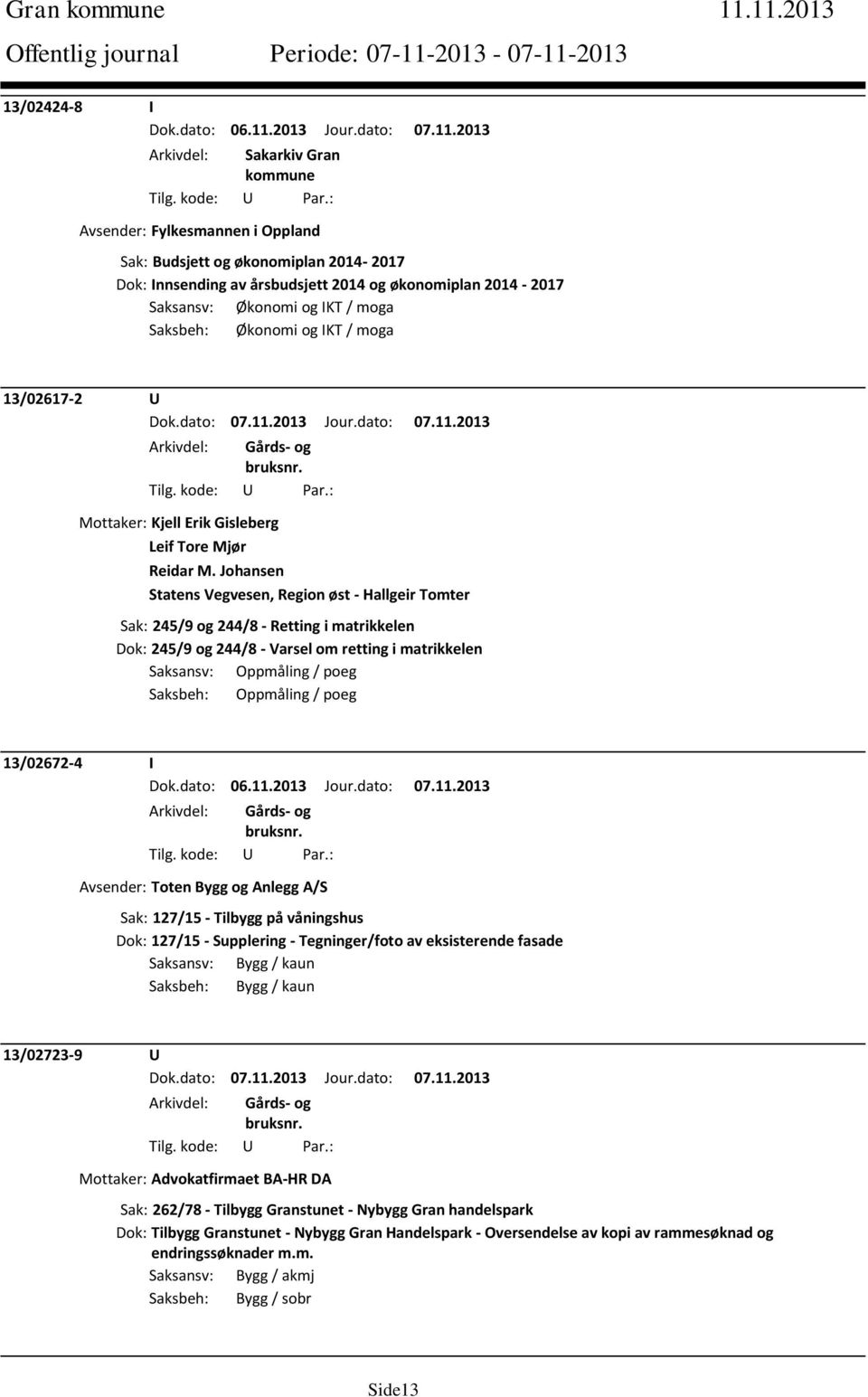 Økonomi og IKT / moga 13/02617-2 U Mottaker: Kjell Erik Gisleberg Leif Tore Mjør Reidar M.